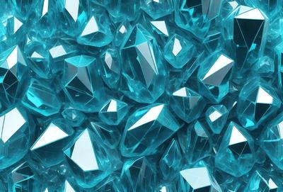 The primary subject of the image is a large collection of blue crystals, which are arranged in a visually appealing manner. The setting is a blue background, which complements the vibrant color of the crystals. The visual style of the image is a combination of photo and digital art, creating a unique and eye-catching display. The dominant colors in the image are blue and white, giving the scene a calming and serene atmosphere.
