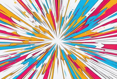 The primary subject of the image is a colorful, abstract explosion of paint, which appears to be a digital art or illustration. The setting is a white background, and the visual style is a mix of vibrant colors and a dynamic, artistic composition. The dominant colors in the image are pink, yellow, blue, and orange, creating a lively and energetic atmosphere.