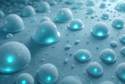 The primary subject of the image is a close-up of a blue surface with numerous blue and white bubbles on it. The setting appears to be a blue background, and the visual style is a digital art or illustration. The colors and mood of the image are predominantly blue and white, creating a calm and serene atmosphere.