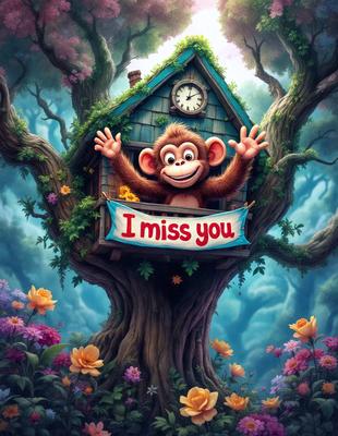 The primary subject of the image is a monkey, which is holding onto a clock and standing in a tree. The setting is a forest, with a clock hanging from the tree. The visual style is a digital art illustration, and the colors and mood are lively and cheerful.