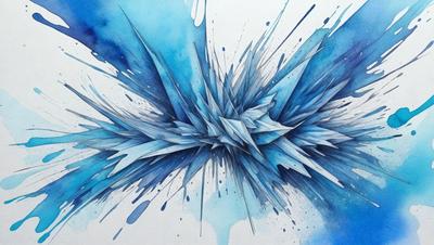 The primary subject of the image is a blue and white painting of a geometric shape, possibly a crystal or a piece of art. The setting is a white background, which provides a clean and minimalist appearance. The visual style is a combination of digital art and illustration, creating a unique and intricate design. The dominant colors are blue and white, which contribute to a calm and serene atmosphere.