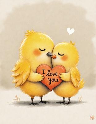 The image features two yellow birds, possibly chicks, standing close to each other and embracing each other. They are both holding a heart, which is a symbol of love. The birds are positioned in the center of the image, and the heart is placed between them. The scene appears to be a heartwarming and affectionate moment between the two birds.