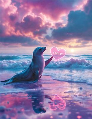 The primary subject of the image is a seal, which is standing on a beach and holding a heart-shaped sign. The setting is a beach with a pink sky in the background. The visual style is a digital art, and the colors and mood are predominantly pink and heartwarming.