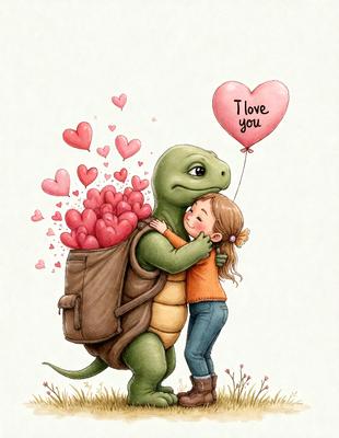The image features a little girl hugging a large turtle, which is carrying a bag full of hearts. The scene is set in a field, and the visual style appears to be a combination of digital art and illustration. The primary subject is the heartwarming interaction between the girl and the turtle, while the setting and background provide a sense of openness and freedom. The colors and mood of the image are predominantly warm and cheerful, with the hearts symbolizing love and affection.