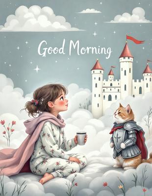 The primary subject of the image is a young girl sitting on a cloud, holding a cup. The setting is a whimsical, fantasy-like environment with a castle in the background. The visual style is a combination of digital art and illustration, creating a unique and imaginative scene. The colors are predominantly white and pink, giving the image a soft and dreamy atmosphere.