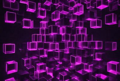 The primary subject of the image is a large, purple, three-dimensional structure made up of many small, pink, square-shaped blocks. The setting is a dark room, and the visual style appears to be a combination of digital art and illustration. The dominant colors in the image are purple and pink, creating a vibrant and lively atmosphere.