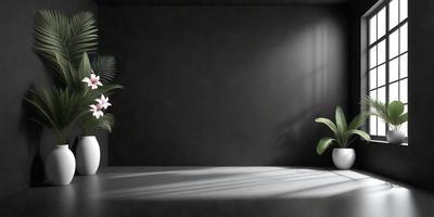 The primary subject of the image is a large potted plant with a white flower. The plant is placed on a table, and the table is situated in front of a wall. The setting appears to be a room with a window, as the light shines through the window onto the table. The visual style of the image is a photo, capturing the beauty of the plant and the flower. The colors and mood of the image are predominantly white, creating a clean and serene atmosphere.