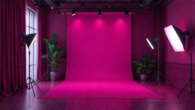The primary subject of the image is a large pink background, which is likely used for photography or filming purposes. The setting is a studio, with a red wall and a potted plant nearby. The visual style appears to be a photo, as the background is clearly visible and the colors are vibrant. The dominant colors are pink and red, creating a warm and inviting atmosphere.