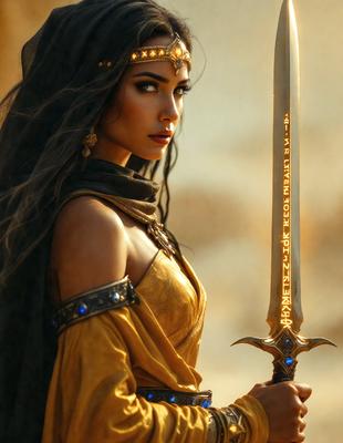 The primary subject of the image is a woman wearing a gold dress and holding a sword. She is standing in a desert-like environment, which serves as the setting for the scene. The visual style of the image is a combination of photo and digital art, creating a unique and intriguing atmosphere. The woman's outfit and the sword she holds evoke a sense of power and strength, while the desert setting adds a sense of mystery and adventure to the scene.