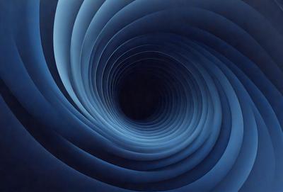 The primary subject of the image is a large, dark hole in the center of a blue spiral. The spiral is made up of multiple blue waves, creating a visually striking and intricate pattern. The setting is a dark background, which contrasts with the bright blue color of the spiral. The visual style of the image is a combination of digital art and illustration, creating a unique and captivating design. The colors and mood of the image are predominantly dark and moody, with the blue spiral providing a sense of depth and complexity.