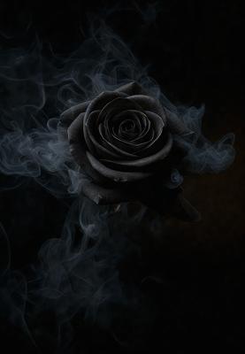 The primary subject of the image is a single black rose. The setting is a dark, foggy environment, creating a mysterious and dramatic atmosphere. The visual style is a black and white photo, which adds to the moodiness of the scene. The dominant colors are black and white, with the black rose being the focal point of the image.