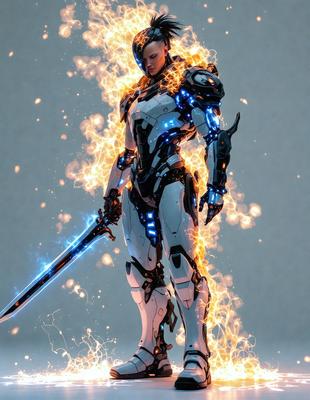 The primary subject of the image is a woman dressed in a futuristic outfit, standing in a brightly lit environment. She is holding a sword, and her outfit appears to be a mix of white and black. The setting is a futuristic city, with the woman standing in the middle of the scene. The visual style of the image is digital art, with the woman's outfit and the bright lighting creating a dynamic and futuristic atmosphere. The colors in the image are predominantly white and black, with the bright lighting adding a sense of energy and excitement to the scene.