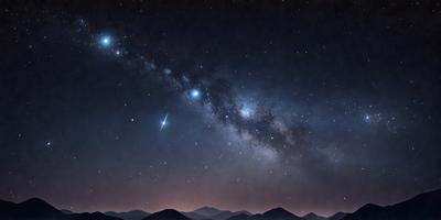 The primary subject of the image is a night sky filled with stars. The setting is a mountainous area, with the mountains visible in the background. The visual style is a painting, which adds a sense of depth and artistic expression to the scene. The colors and mood of the image are predominantly dark and serene, with the stars and mountains creating a sense of tranquility and wonder.