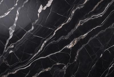 The primary subject of the image is a marble countertop with a black and white pattern. The setting is a kitchen, and the visual style is a close-up of the countertop. The colors and mood of the image are predominantly black and white, giving it a classic and elegant appearance.