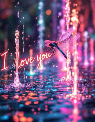 The primary subject of the image is a dragonfly hovering over a body of water. The setting is a pond with a purple glow, creating a serene and magical atmosphere. The visual style is a combination of digital art and illustration, giving the image a unique and artistic appearance. The dominant colors are purple and blue, which contribute to the overall mood of the scene.