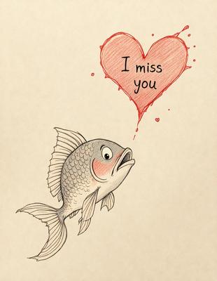 The primary subject of the image is a heart-shaped fish with a red heart above it. The fish is flying through the air, and the setting is a white background. The visual style is a combination of a drawing and a heart-shaped fish, creating a unique and playful scene. The colors are predominantly red and white, giving the image a warm and cheerful atmosphere.