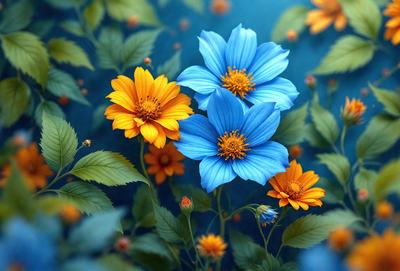 The primary subject of the image is a bouquet of flowers, featuring a mix of yellow, orange, and blue colors. The flowers are arranged in a visually appealing manner, creating a sense of harmony and beauty. The setting is a blue background, which complements the vibrant colors of the flowers. The visual style of the image is a combination of photo and digital art, resulting in a realistic yet artistic representation of the flowers. The overall atmosphere of the image is lively and cheerful, with the bright colors and attractive arrangement of the flowers.