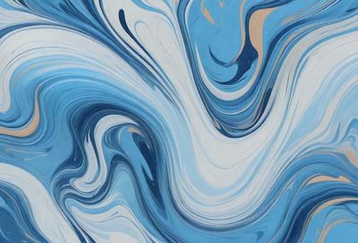 The primary subject of the image is a blue and white swirling pattern, which appears to be a painting or a digital artwork. The setting is a blue background, and the visual style is a combination of photo and digital art. The dominant colors are blue and white, creating a calming and soothing atmosphere.