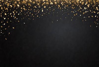 The primary subject of the image is a close-up of a gold confetti pattern. The setting is a black background, which contrasts with the gold confetti. The visual style is a pattern, and the colors and mood are predominantly gold and festive.