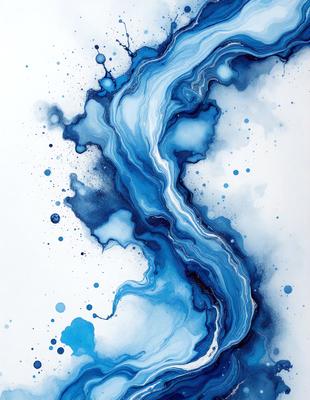 The primary subject of the image is a blue and white painting of a river. The setting is a white background, and the visual style appears to be a digital art or illustration. The dominant colors in the painting are blue and white, creating a serene and calming atmosphere.