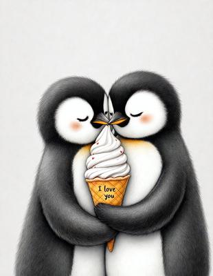 The image features two penguins standing close to each other, with one penguin holding a piece of ice cream. The penguins are positioned in a way that they appear to be kissing, creating a playful and affectionate scene. The background is a white surface, which provides a clean and simple backdrop for the penguins and their ice cream. The visual style of the image is a combination of digital art and illustration, giving it a unique and creative appearance. The colors and mood of the image are predominantly light and cheerful, with the penguins and ice cream serving as the main focus and source of joy.