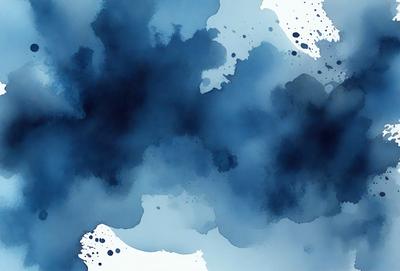 The primary subject of the image is a blue and white painting, which features a blue background with white splashes and drops. The setting is an artistic environment, and the visual style is a painting or drawing. The dominant colors are blue and white, creating a calm and serene atmosphere.