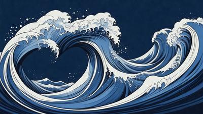 The primary subject of the image is a large, blue ocean wave. The wave is depicted in a vibrant blue color, which gives the scene a lively and energetic atmosphere. The setting is the ocean, with the wave crashing against the water. The visual style of the image is a combination of digital art and illustration, creating a dynamic and engaging representation of the ocean wave.