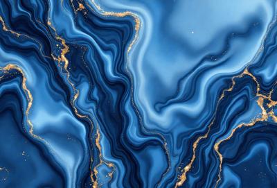 The primary subject of the image is a blue and gold patterned wallpaper. The setting is a blue and gold wallpapered room. The visual style is a close-up of the wallpaper, showcasing its intricate design. The colors and mood of the image are vibrant and lively, with the blue and gold colors creating a sense of luxury and sophistication.
