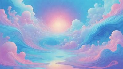 The primary subject of the image is a beautifully painted sky with clouds and a sunset. The sky is filled with clouds, and the sun is setting, creating a serene and peaceful atmosphere. The setting is a blue sky, which adds to the overall mood of the scene. The visual style of the image is a combination of digital art and illustration, showcasing the artist's skill in creating a realistic and captivating scene. The colors used in the painting are predominantly shades of blue, pink, and purple, which evoke a sense of calmness and tranquility.