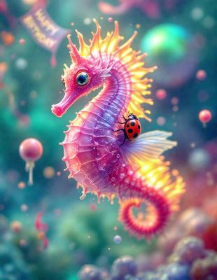 The primary subject of the image is a colorful, rainbow-colored sea horse with a ladybug riding on its back. The setting is a vibrant, colorful underwater environment, with a variety of bubbles and balls scattered throughout the scene. The visual style is a digital art or illustration, featuring a combination of bright colors and intricate details. The overall atmosphere is lively and playful, with the sea horse and ladybug creating a whimsical and imaginative scene.