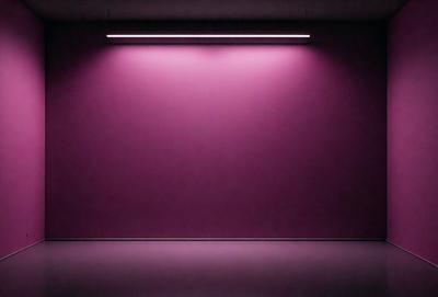 The primary subject of the image is a large, empty room with a pink wall. The setting is a dark room, possibly a theater or a room with a purple backdrop. The visual style is a photo, capturing the emptiness and the pink color of the wall. The colors and mood of the image are predominantly pink, creating a warm and inviting atmosphere.