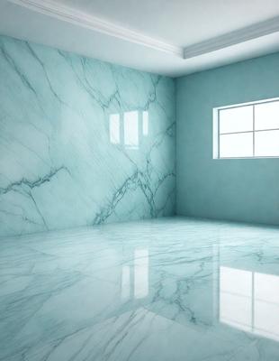 The primary subject of the image is a large, empty room with a blue marble floor. The room is predominantly blue, giving it a calm and serene atmosphere. The setting is a white wall with a window, and the visual style appears to be a photo of the room. The colors and mood of the image create a sense of tranquility and cleanliness.