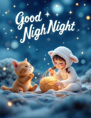 The primary subject of the image is a cute scene featuring two cats, one of which is a kitten. They are sitting on a bed, with one cat holding a ball of yarn in its mouth. The setting is a cozy, indoor environment, and the visual style is a combination of photo and digital art. The colors are predominantly warm and inviting, creating a comforting and pleasant atmosphere.