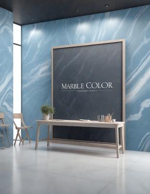 The primary subject of the image is a large chalkboard with the words "Marble Color" written on it. The setting is a room with a table and chairs, and the visual style appears to be a digital art or illustration. The dominant colors in the image are blue and white, creating a clean and modern atmosphere.