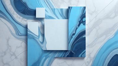 The primary subject of the image is a square-shaped piece of artwork, which is displayed on a marble surface. The setting is a room with a marble wall, and the visual style appears to be a combination of digital art and illustration. The colors and mood of the image are predominantly blue, creating a calm and serene atmosphere.