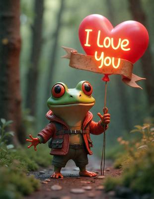 The primary subject of the image is a small green frog holding a heart-shaped balloon. The setting is a forest, with trees in the background. The visual style is a digital art illustration, giving the image a whimsical and playful atmosphere. The colors are predominantly green and red, with the green frog and red heart balloon being the main focus of the image.