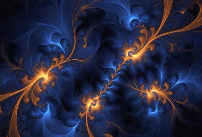 The primary subject of the image is a blue and orange swirling pattern, which appears to be a digital art or illustration. The setting is a dark blue background, creating a contrasting effect with the swirling pattern. The visual style suggests that the image is a creative and artistic representation of a swirling design. The dominant colors are blue and orange, giving the image a vibrant and dynamic atmosphere.
