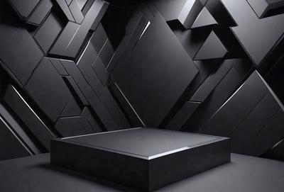 The primary subject of the image is a black bed with a black frame, placed in a black room. The setting is a dark room with a black wall, creating a moody atmosphere. The visual style is a black and white photo, giving the image a classic and timeless appearance. The colors and mood are predominantly black, creating a sense of mystery and sophistication.