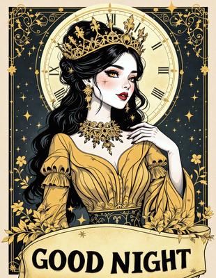 The primary subject of the image is a woman wearing a crown and a yellow dress. She is standing in front of a clock, which is a prominent feature in the scene. The setting appears to be a dark, possibly magical, environment. The visual style of the image is a combination of digital art and illustration, creating a unique and intriguing atmosphere. The colors in the image are predominantly dark, with the woman's yellow dress standing out as the main focal point. The overall mood of the image is mysterious and enchanting.