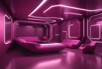 The primary subject of the image is a futuristic room with a pink color scheme. The room features a large bed with a pink couch and a pink chair. The setting is a futuristic space with a pink color scheme, giving the room a unique and visually striking appearance. The visual style of the image is a combination of photo and digital art, creating a surreal and futuristic atmosphere. The colors and mood of the room are predominantly pink, giving the space a warm and inviting feel.