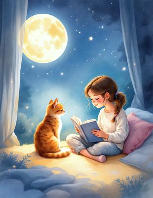 The primary subject of the image is a young girl sitting on a bed, reading a book. The setting is a cozy bedroom, with a bed visible in the background. The visual style is an illustration or a digital art, creating a warm and inviting atmosphere. The colors are predominantly warm and soft, with the girl's white shirt and the book's pages being the main focus.