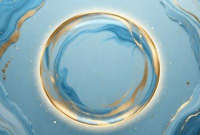 The primary subject of the image is a blue and gold circle, which appears to be a glass or a blue and gold sphere. The setting is a blue background, and the visual style is a close-up of the circle. The colors and mood of the image are predominantly blue and gold, creating a sense of elegance and sophistication.