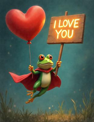 The image features a green frog with a red cape, holding a sign that reads "I love you." The frog is flying through the air, carrying the sign with him. The scene is set in a grassy area, giving it a natural and lively atmosphere. The visual style of the image is a combination of digital art and illustration, creating a whimsical and playful scene.