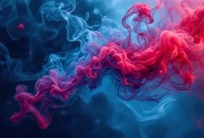 The primary subject of the image is a red and blue smoke-like substance, which appears to be a digital art or illustration. The setting is a blue background, and the visual style gives the impression of a painting or drawing. The colors and mood of the image are predominantly red and blue, creating a vibrant and dynamic atmosphere.