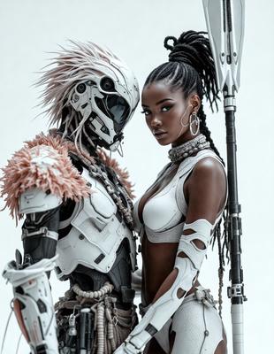 The primary subject of the image is a man and a woman standing close to each other. The woman is wearing a white outfit, while the man is dressed in a white and black suit. They are both holding a weapon, which appears to be a sword. The setting is a white background, and the visual style is a combination of photo and digital art. The colors in the image are predominantly white, giving it a clean and minimalist appearance. The overall mood of the image is one of strength and unity between the two individuals.