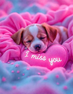The image features a small brown and white puppy sleeping on a pink blanket. The puppy is laying on a heart-shaped pillow, which is placed on a pink surface. The scene is warm and cozy, with the puppy appearing comfortable and relaxed.