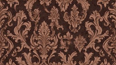 The primary subject of the image is a brown and white floral patterned wallpaper. The setting is a room with a wooden wall, and the visual style is a close-up of the wallpaper. The colors and mood of the image are warm and inviting, with the brown and white color scheme creating a sense of elegance and sophistication.