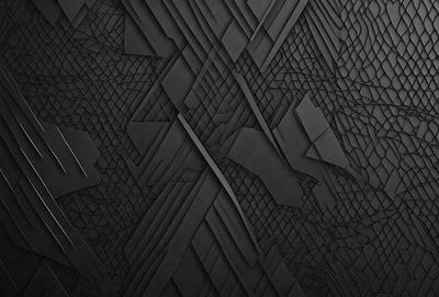 The primary subject of the image is a black and white patterned surface. The setting is a black background, and the visual style is a combination of a photo and digital art. The colors and mood of the image are predominantly black and white, creating a sense of depth and contrast.