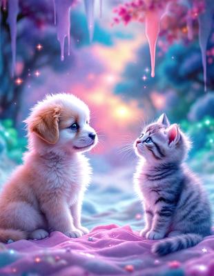 The image features two cute kittens sitting next to each other on a pink surface. They appear to be looking at each other, possibly engaging in a playful interaction. The scene is set in a colorful environment, with a purple background and a blue sky visible in the background. The overall atmosphere of the image is warm and inviting, with the cats being the main focus of the scene.