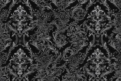 The primary subject of the image is a black and white patterned fabric with a floral design. The setting is a black background, which highlights the intricate details of the fabric. The visual style is a close-up of the fabric, showcasing its texture and patterns. The colors and mood of the image are predominantly black and white, giving it a classic and elegant appearance.